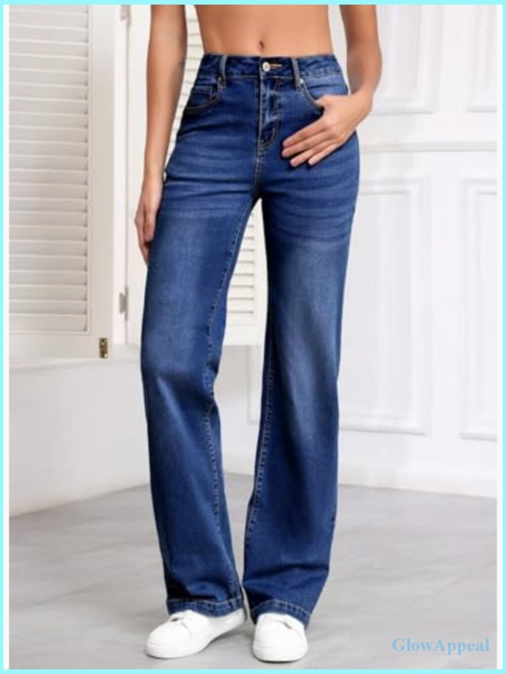High Waisted Wide Leg Jeans with Pockets Casual Straight Denim Pants - Picture 4 of 7
